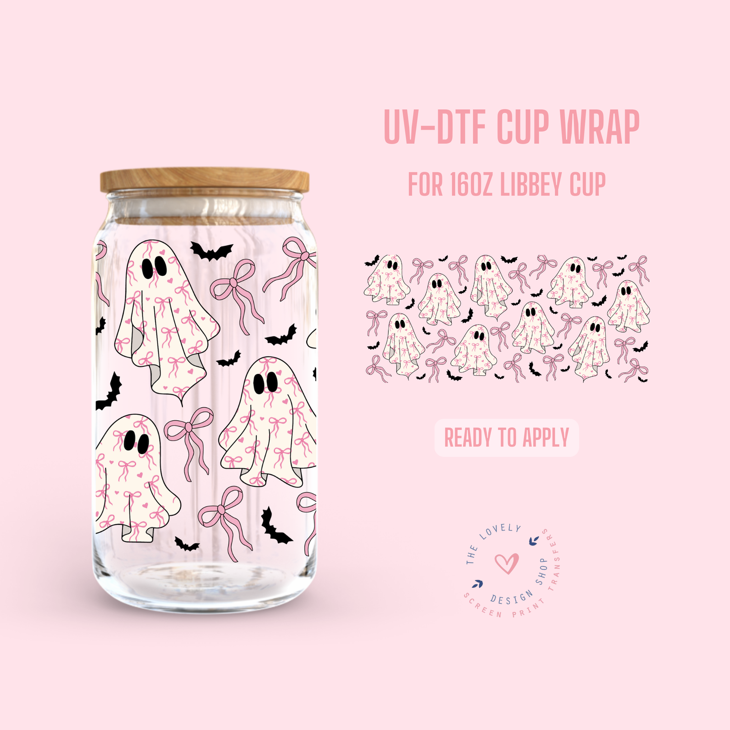 Spooky Coquette Ghosts - UV DTF 16 oz Libbey Cup Wrap (Ready to Ship) Jun 10