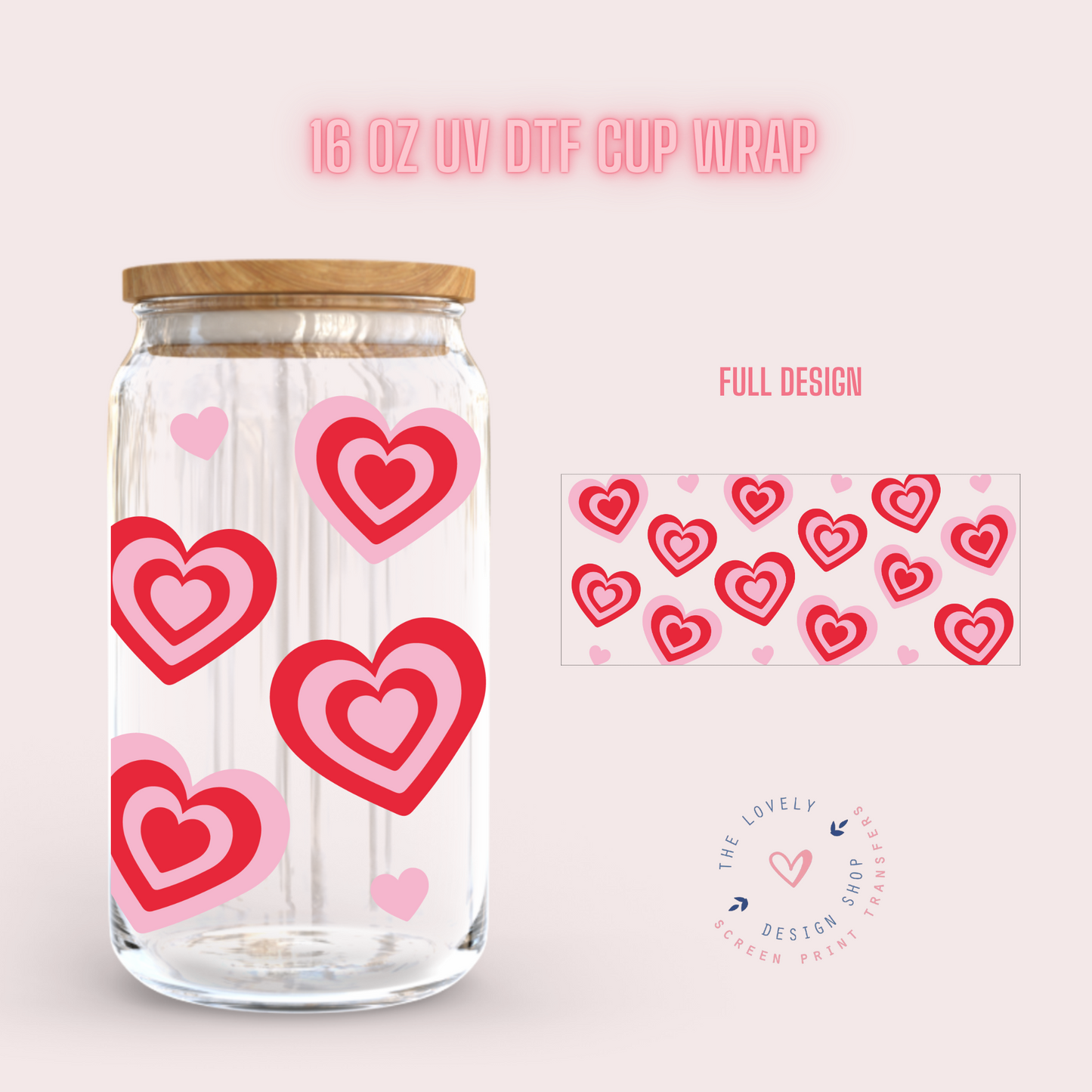 Valentines Retro Floating Hearts - UV DTF 16 oz Libbey Cup Wrap (Ready to Ship)