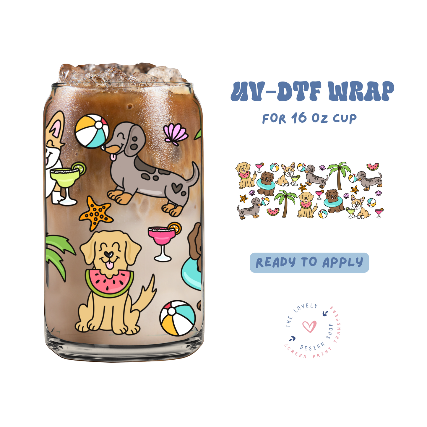 Summer Pups - UV DTF 16 oz Libbey Cup Wrap - May 2