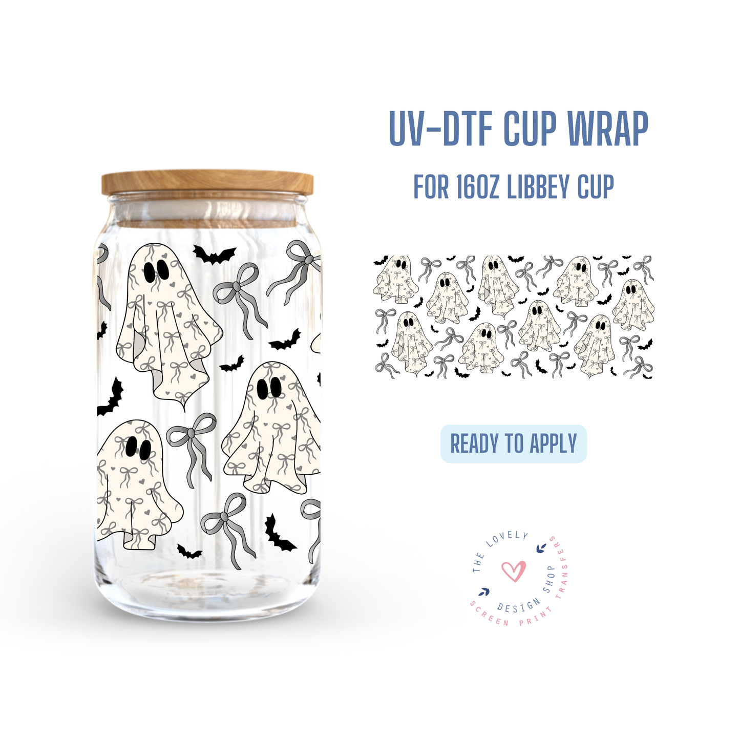 Spooky Coquette Ghosts - UV DTF 16 oz Libbey Cup Wrap (Ready to Ship) Jun 10