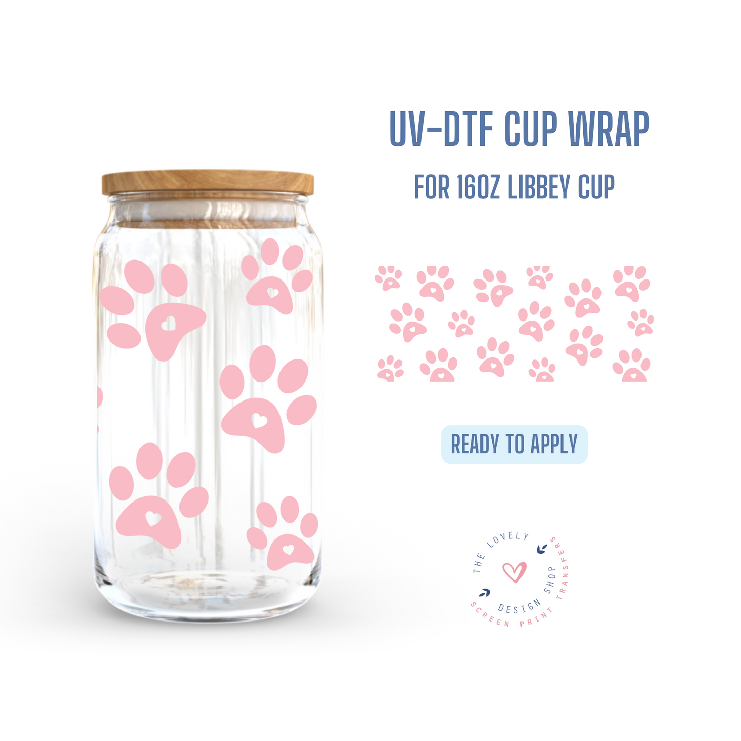 Dog Paw Prints - UV DTF 16 oz Libbey Cup Wrap (Ready to Ship)
