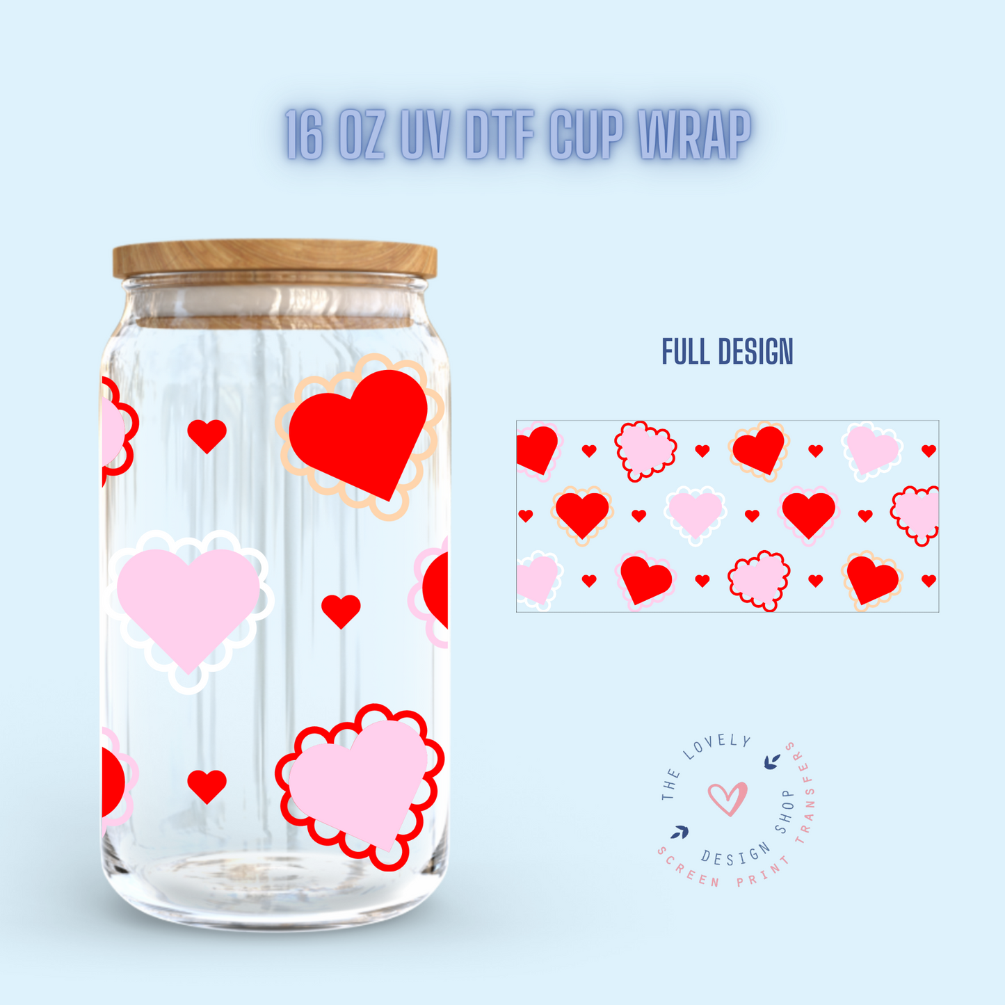 Retro Cute Hearts - UV DTF 16 oz Libbey Cup Wrap (Ready to Ship) Dec 26