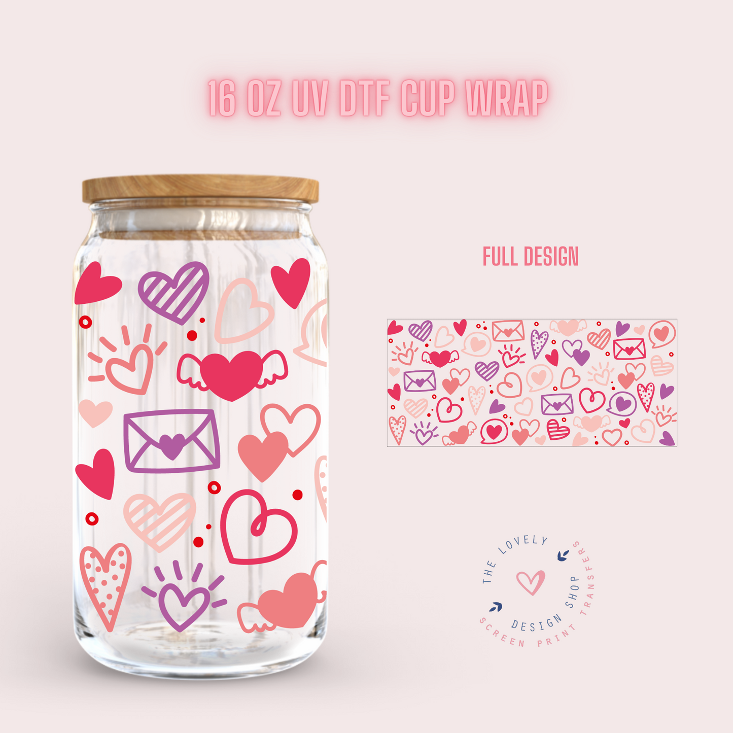 Doodle Valentines - UV DTF 16 oz Libbey Cup Wrap (Ready to Ship)