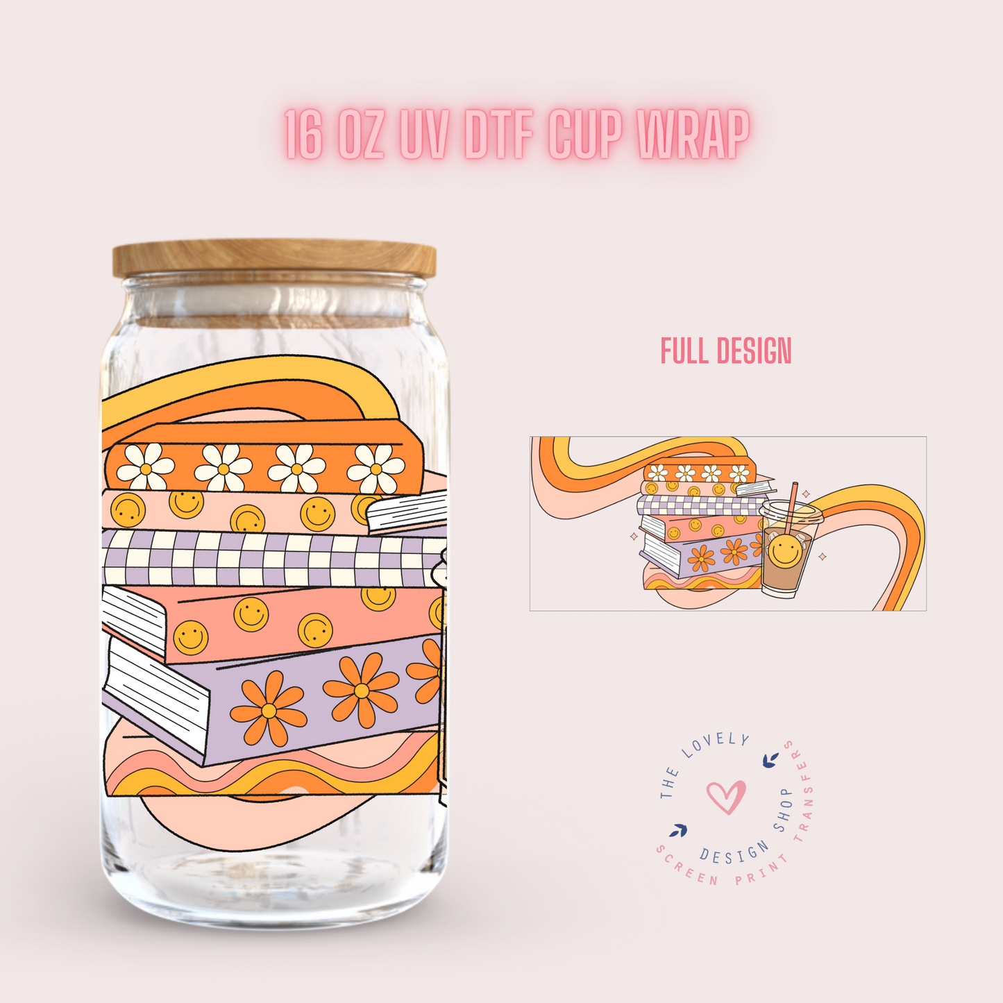 Books And Iced Coffee - UV DTF 16 oz Libbey Cup Wrap (Ready to Ship)