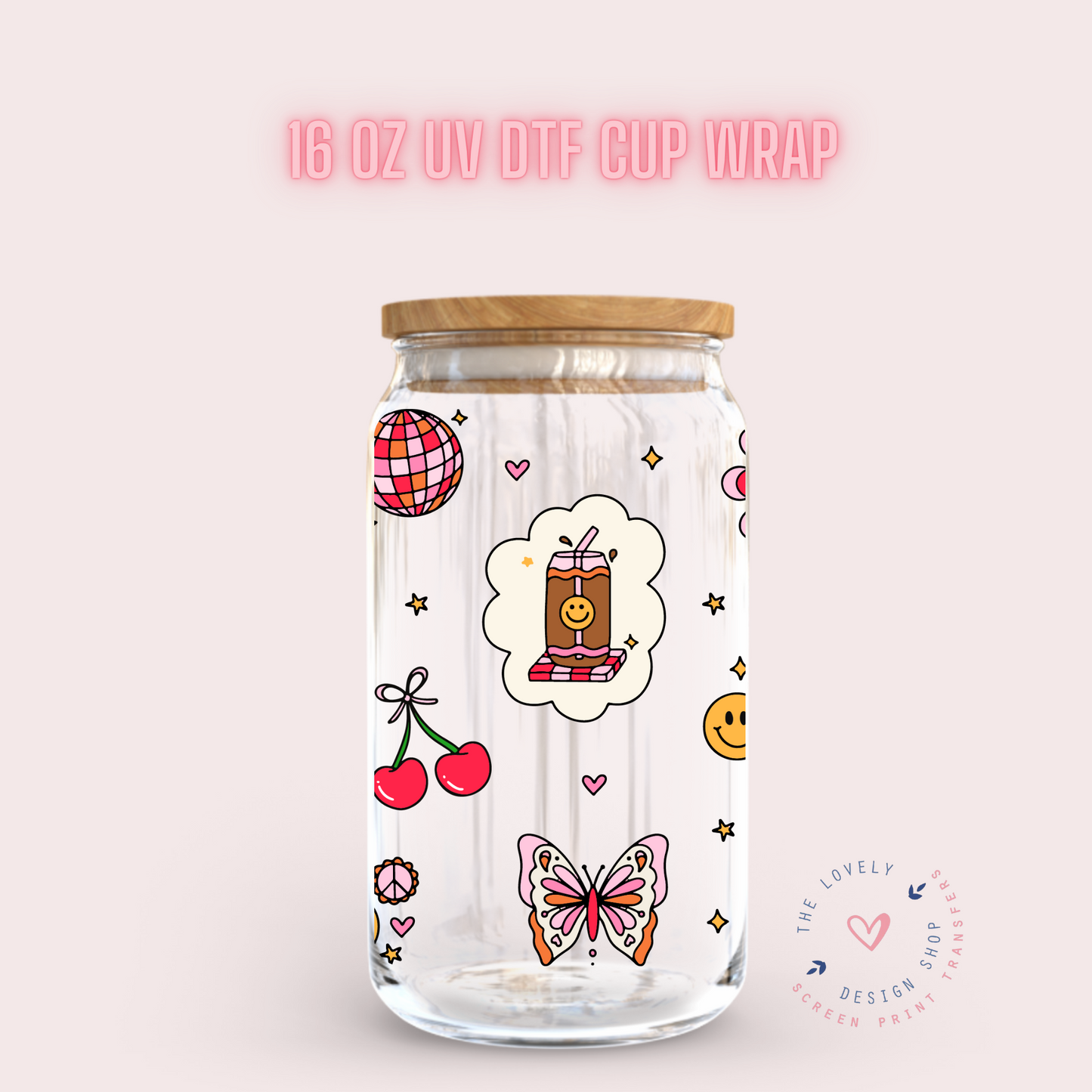 Retro Doodle Cuties - UV DTF 16 oz Libbey Cup Wrap (Ready to Ship) Jan 29