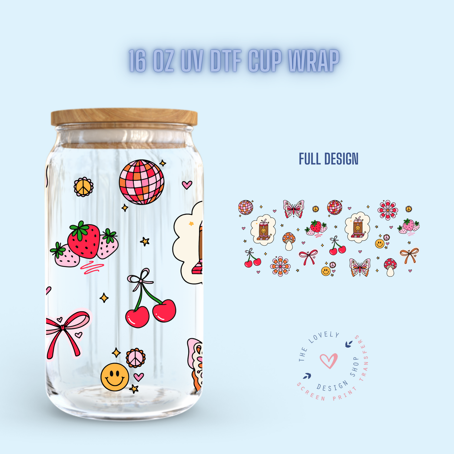 Retro Doodle Cuties - UV DTF 16 oz Libbey Cup Wrap (Ready to Ship) Jan 29