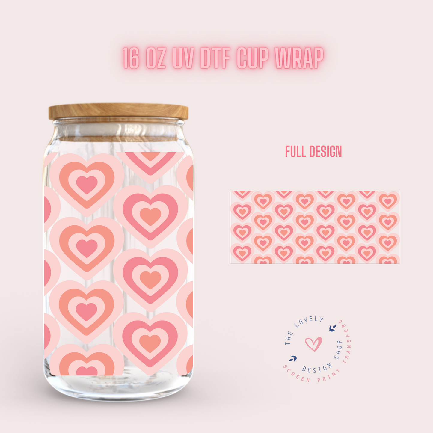 Valentines Retro Hearts - UV DTF 16 oz Libbey Cup Wrap (Ready to Ship)