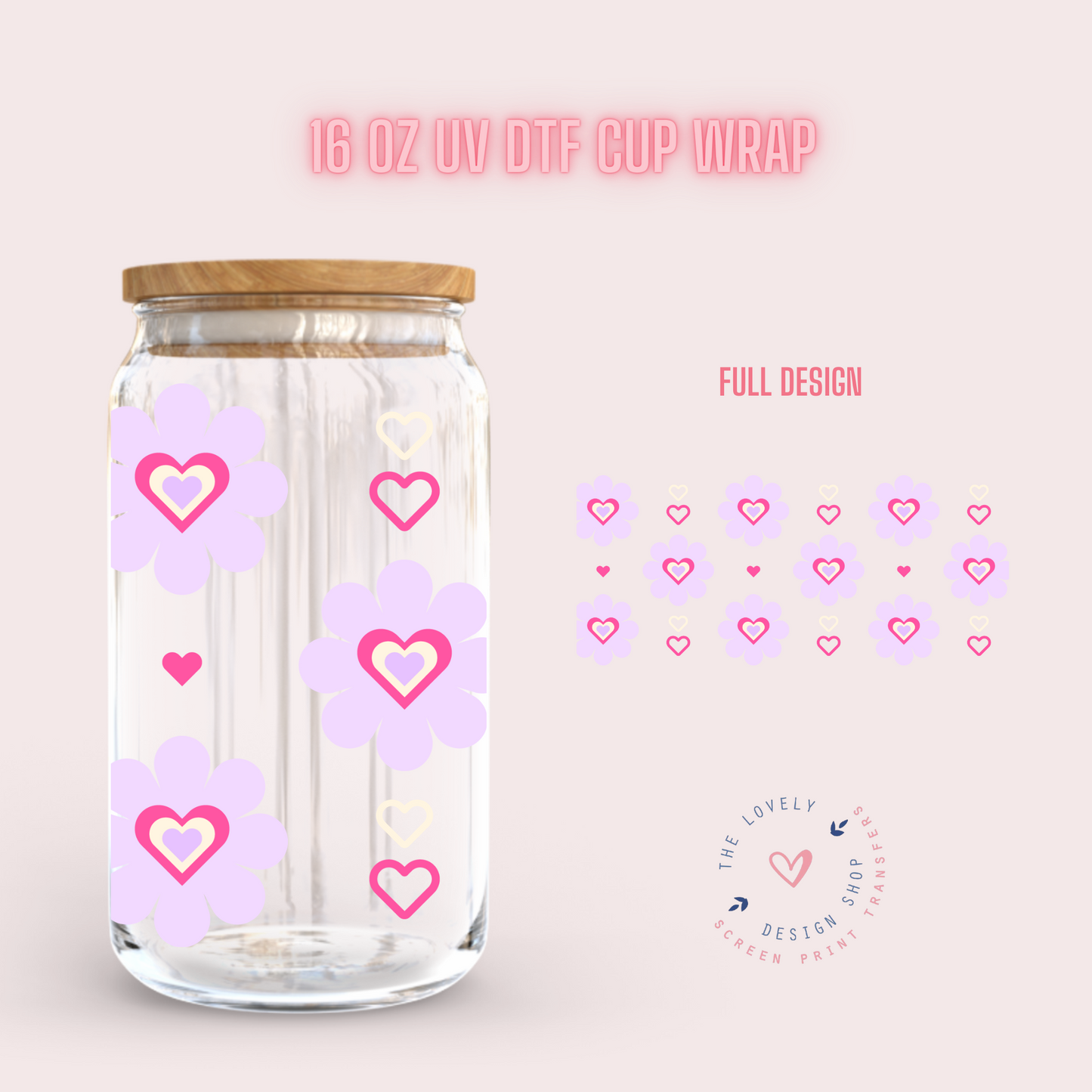 Purple Retro Heart Flowers - UV DTF 16 oz Libbey Cup Wrap (Ready to Ship) Jan 8