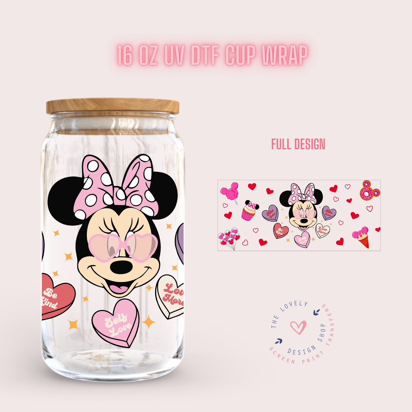 Girl Mouse Valentines Theme - UV DTF 16 oz Libbey Cup Wrap (Ready to Ship)