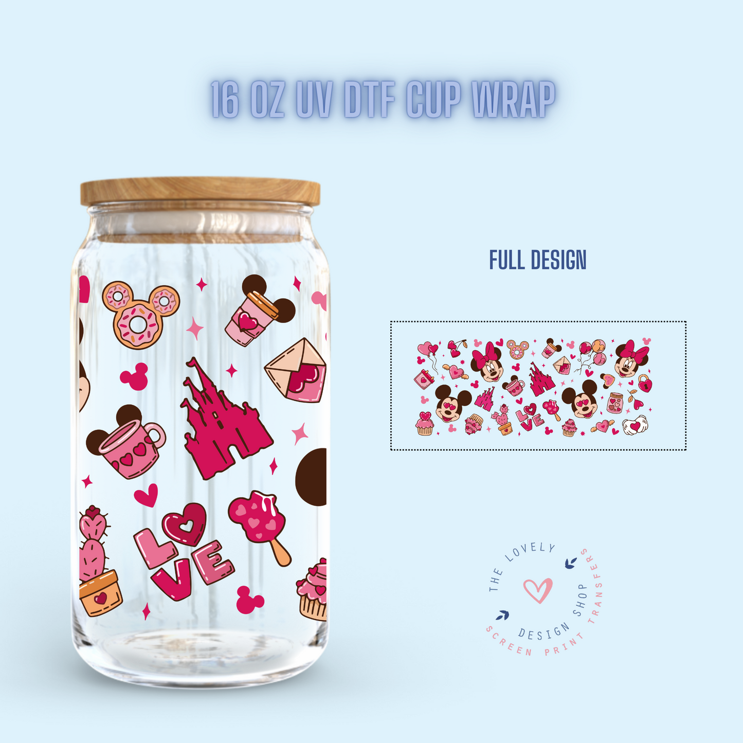 Vday Mouse Theme Doodles With Snacks - UV DTF 16 oz Libbey Cup Wrap (Ready to Ship)