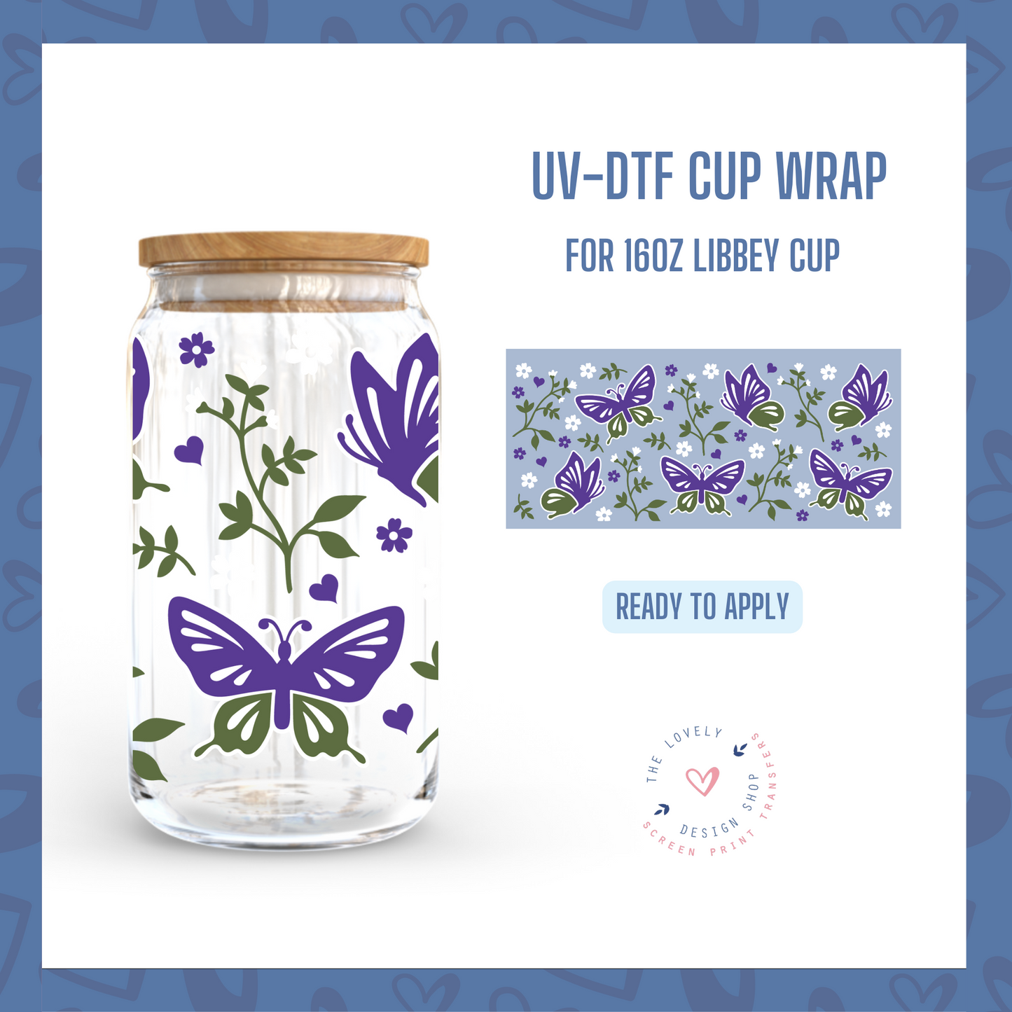 Purple Butterflies - UV DTF 16 oz Libbey Cup Wrap (Ready to Ship)
