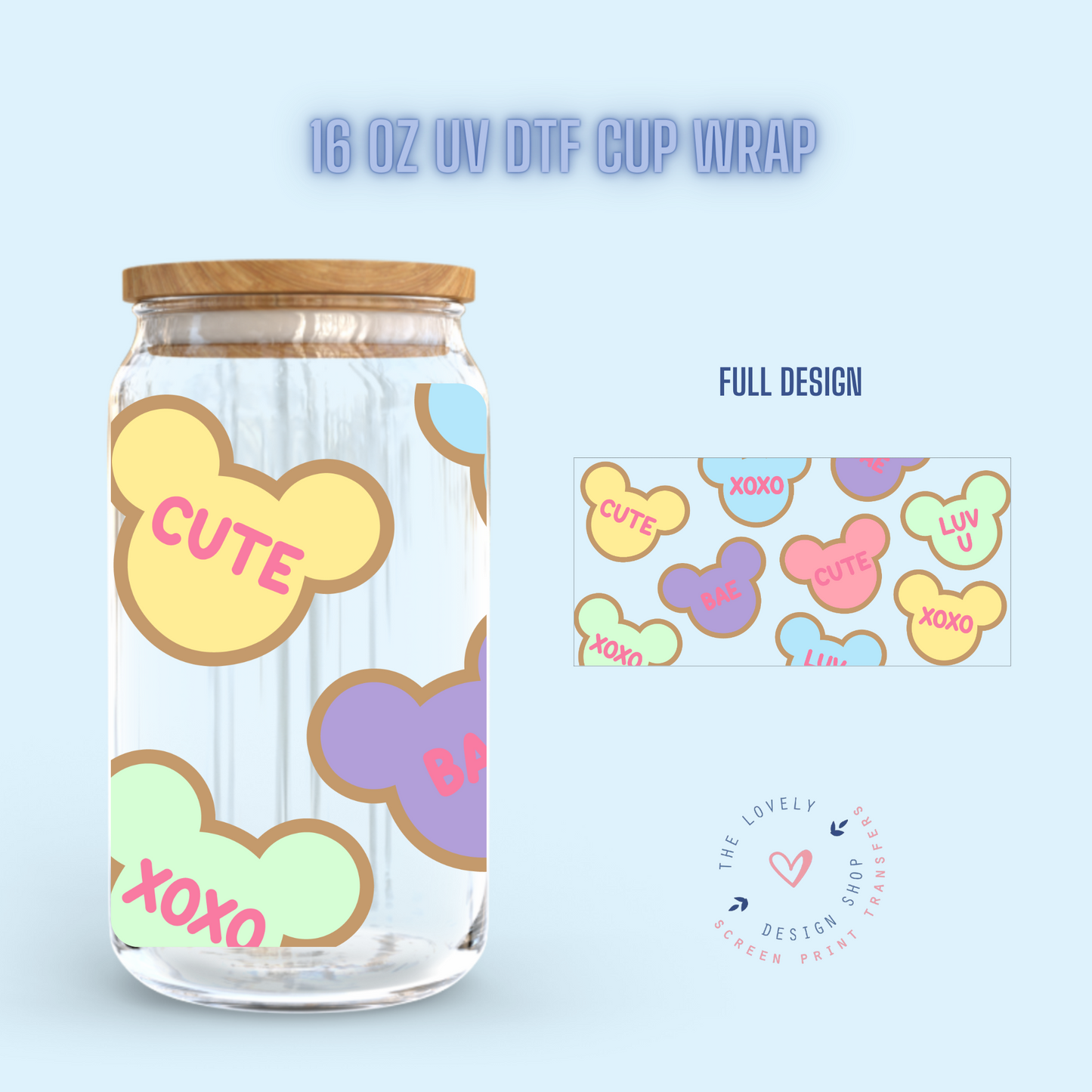 Mouse Candy Hearts - UV DTF 16 oz Libbey Cup Wrap (Ready to Ship)