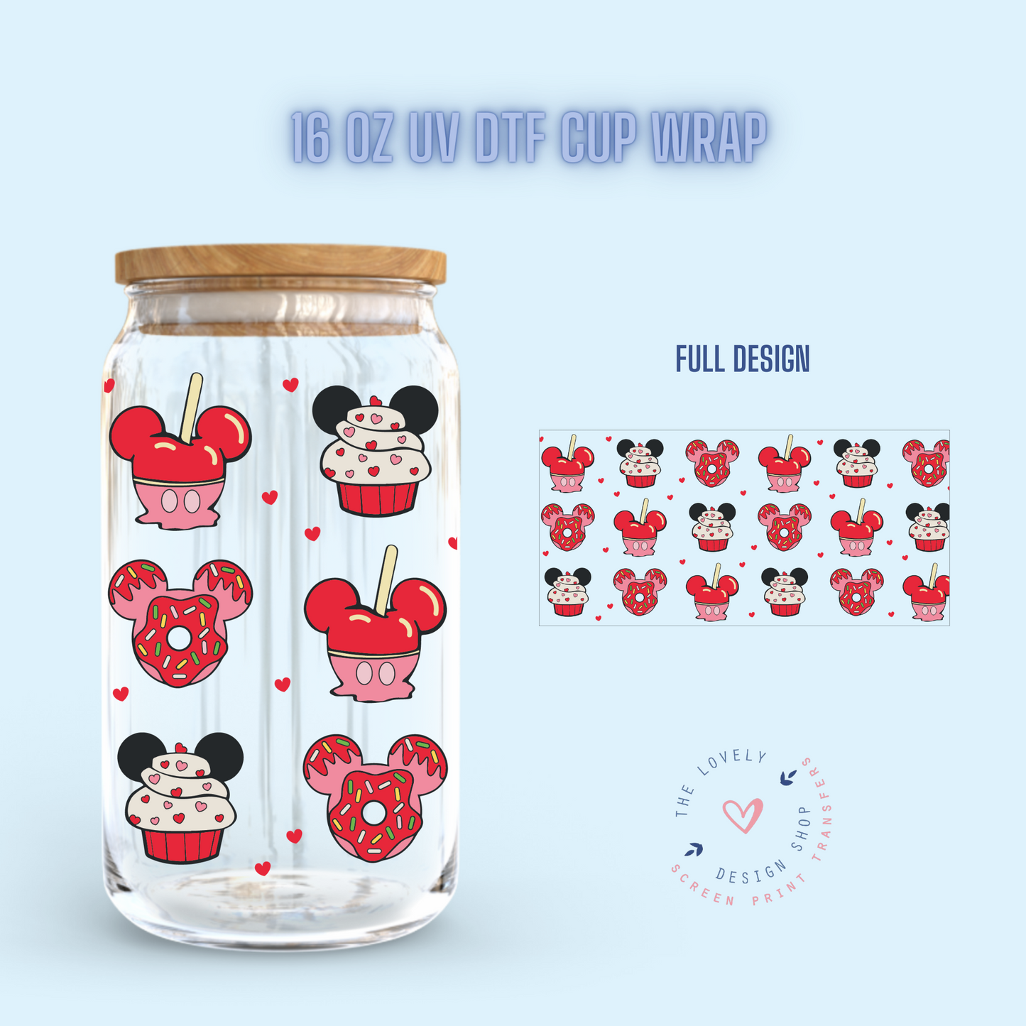 Vday Snack Ears - UV DTF 16 oz Libbey Cup Wrap (Ready to Ship)