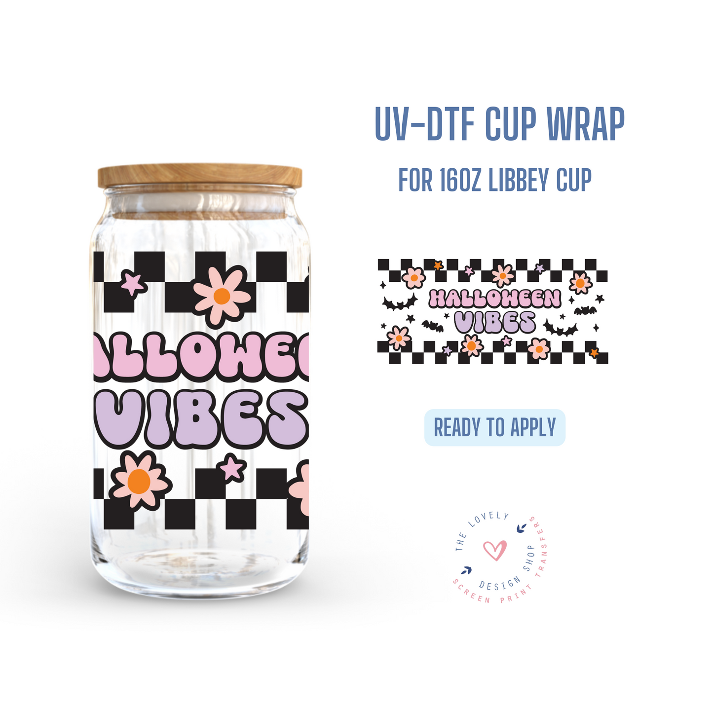 Checkered Halloween Vibes - UV DTF 16 oz Libbey Cup Wrap (Ready to Ship)