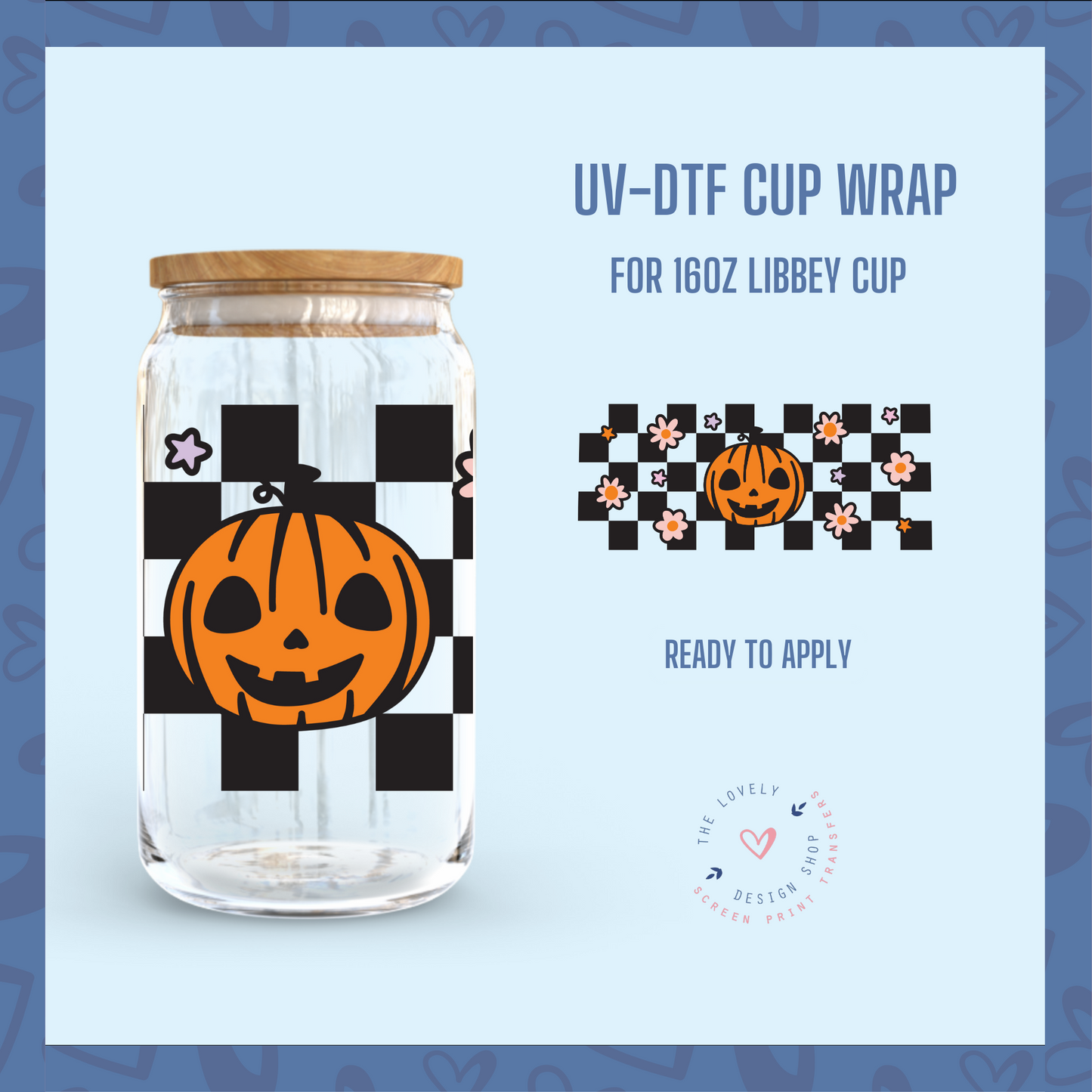 Checkered Pumpkin Daisies - UV DTF 16 oz Libbey Cup Wrap (Ready to Ship)