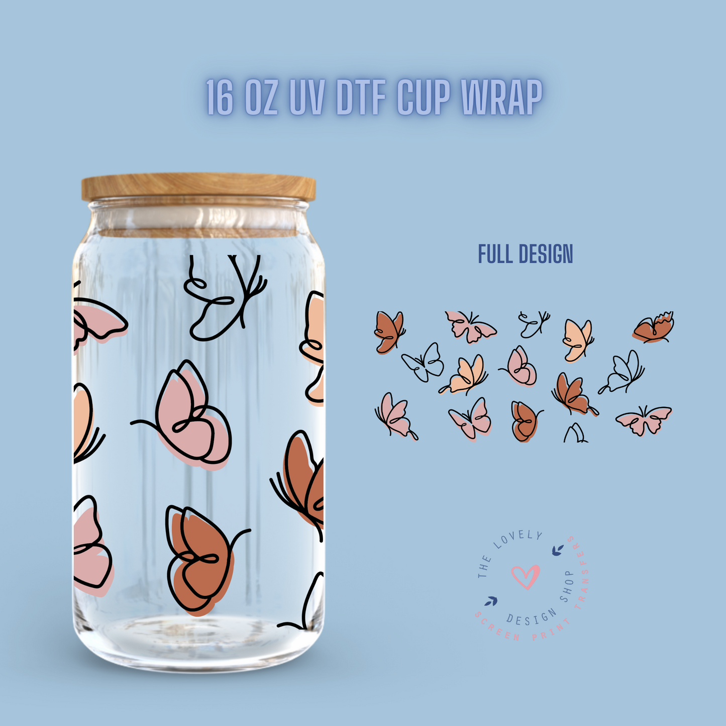Boho Flying Butterfly - UV DTF 16 oz Libbey Cup Wrap (Ready to Ship) Jan 15