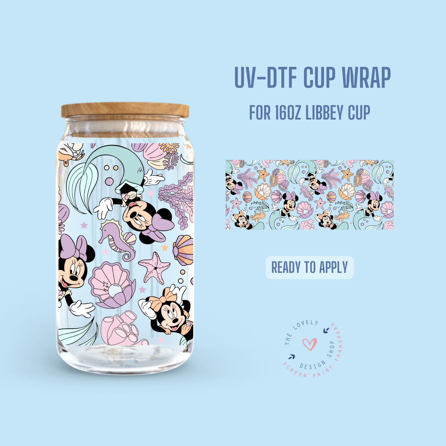 Mermaid Mouse - UV DTF 16 oz Libbey Cup Wrap (Ready to Ship)