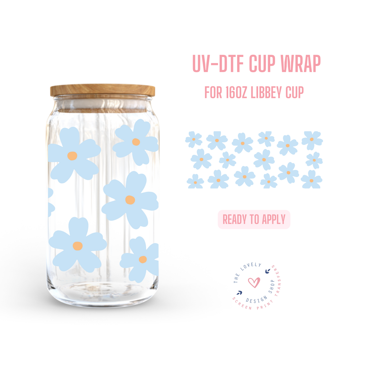 Blue Flower - UV DTF 16 oz Libbey Cup Wrap (Ready to Ship)