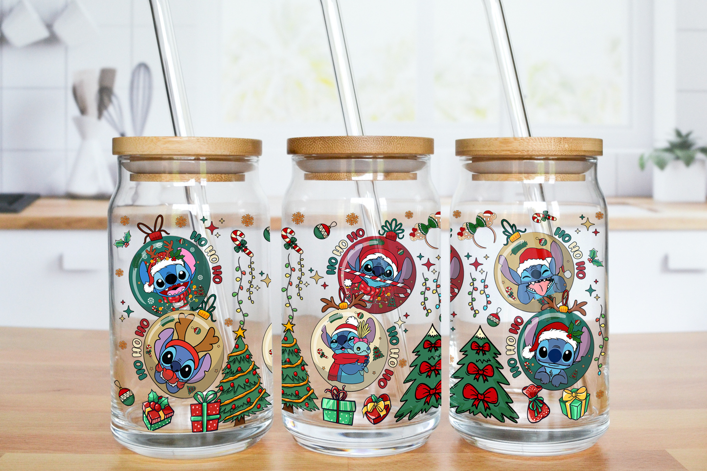 Blue Alien Christmas Ornaments - UV DTF 16 oz Libbey Cup Wrap (Ready to Ship)