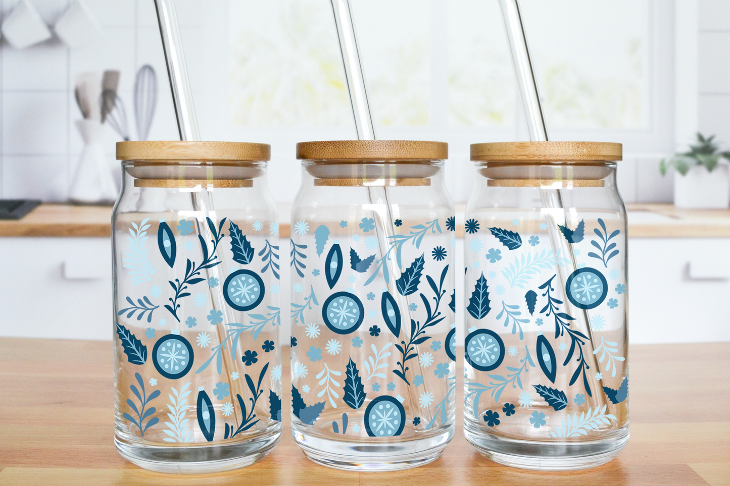 Blue Christmas Decor - UV DTF 16 oz Libbey Cup Wrap (Ready to Ship)