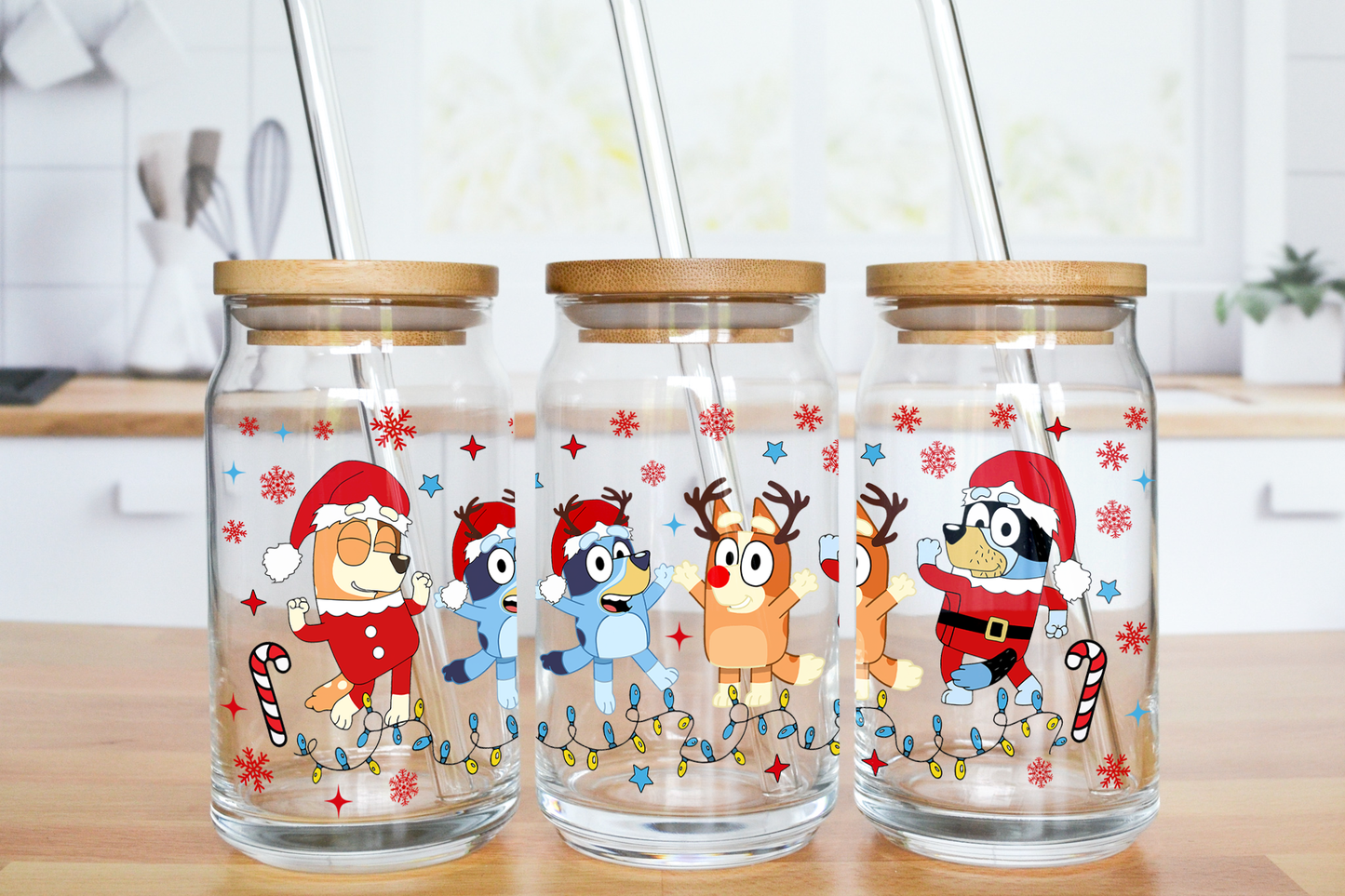 Blue Dog Christmas - UV DTF 16 oz Libbey Cup Wrap (Ready to Ship)