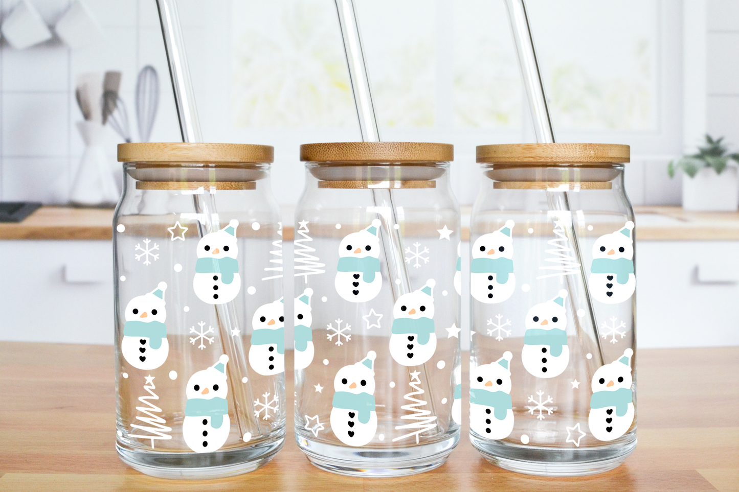 Blue Scarf Snowman - UV DTF 16 oz Libbey Cup Wrap (Ready to Ship)