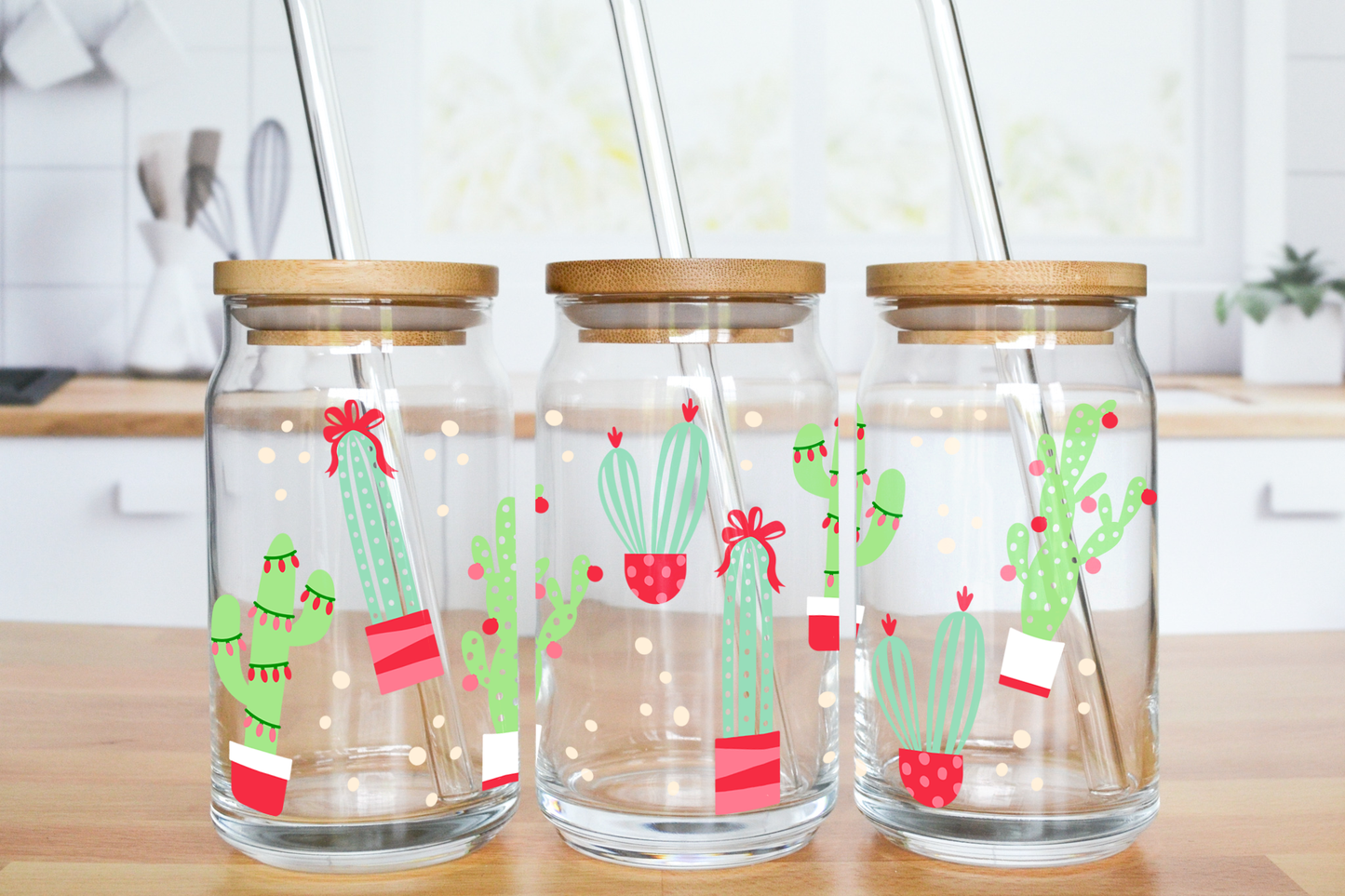 Christmas Cactus - UV DTF 16 oz Libbey Cup Wrap (Ready to Ship)