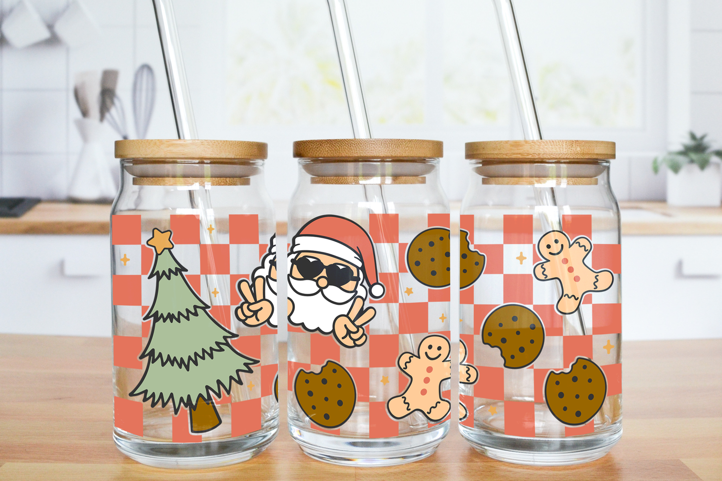 Christmas Checkered Theme - UV DTF 16 oz Libbey Cup Wrap (Ready to Ship)