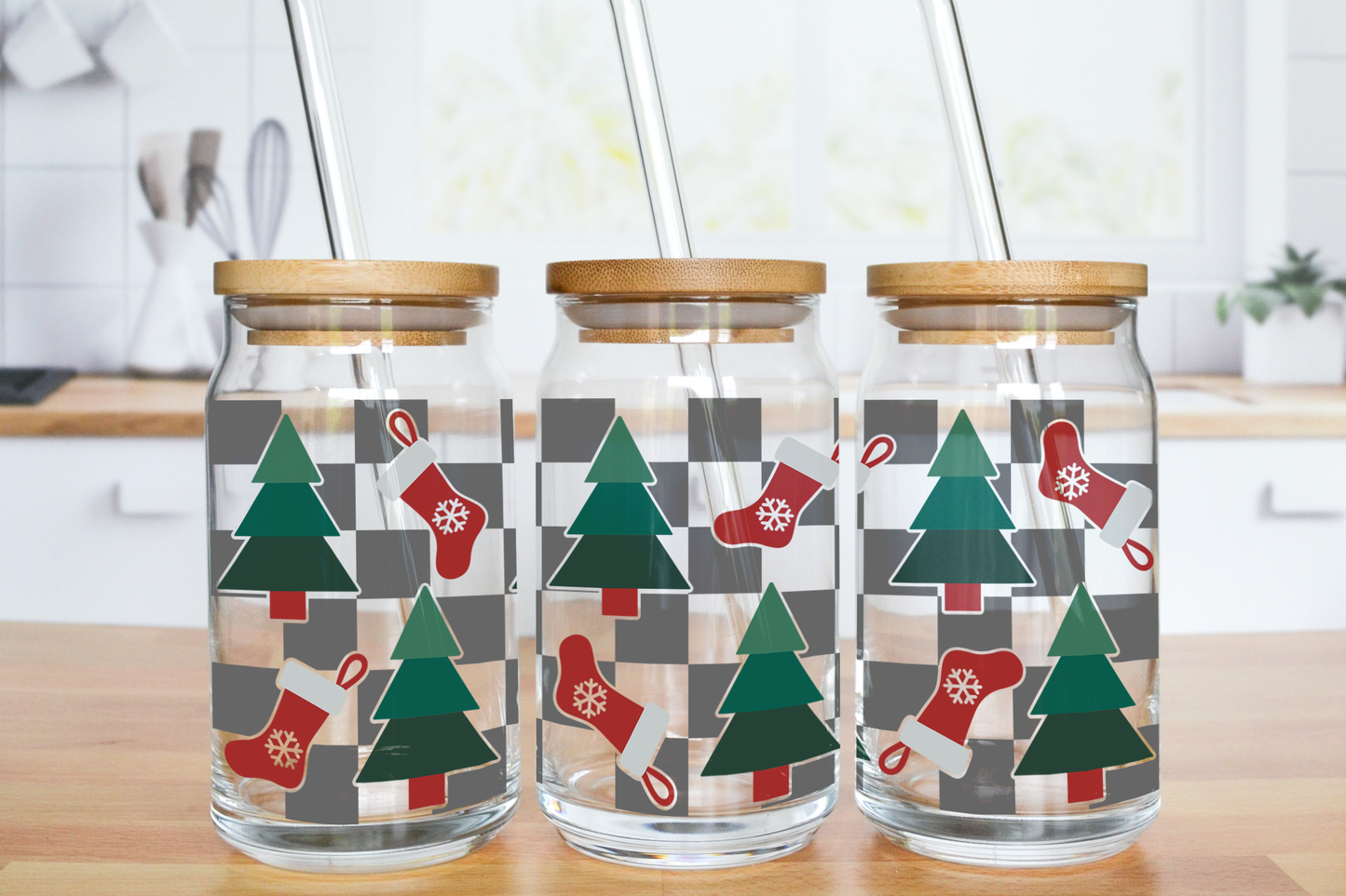 Christmas Checkered Trees and Stockings - UV DTF 16 oz Libbey Cup Wrap (Ready to Ship)