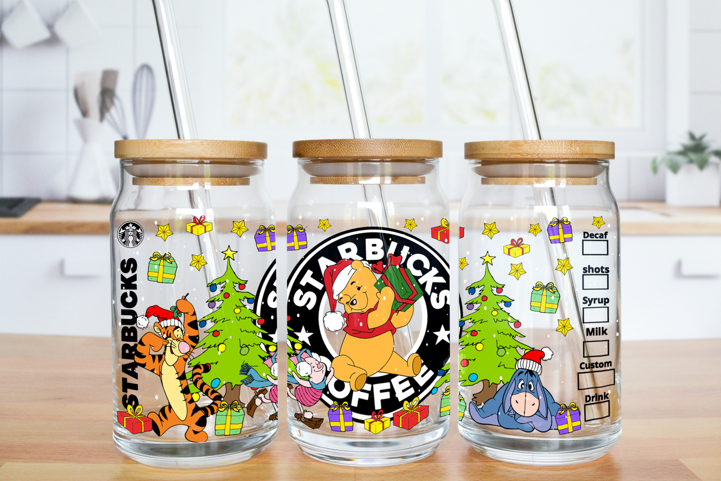 Christmas Coffee Bear - UV DTF 16 oz Libbey Cup Wrap (Ready to Ship)