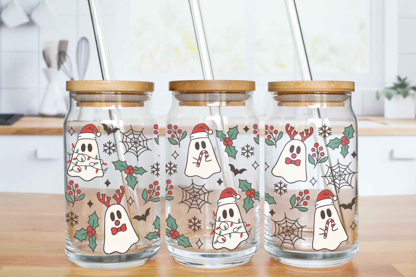 Christmas Cutie Ghost - UV DTF 16 oz Libbey Cup Wrap (Ready to Ship)