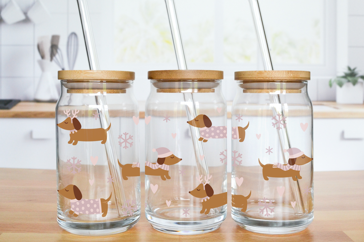 Christmas Dachshund - UV DTF 16 oz Libbey Cup Wrap (Ready to Ship)