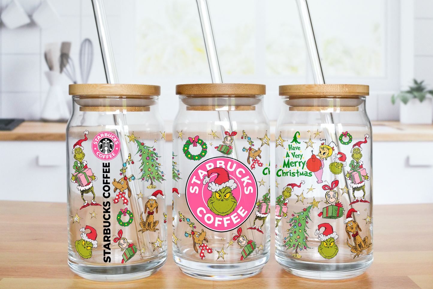 Christmas Green Coffee - UV DTF 16 oz Libbey Cup Wrap (Ready to Ship)