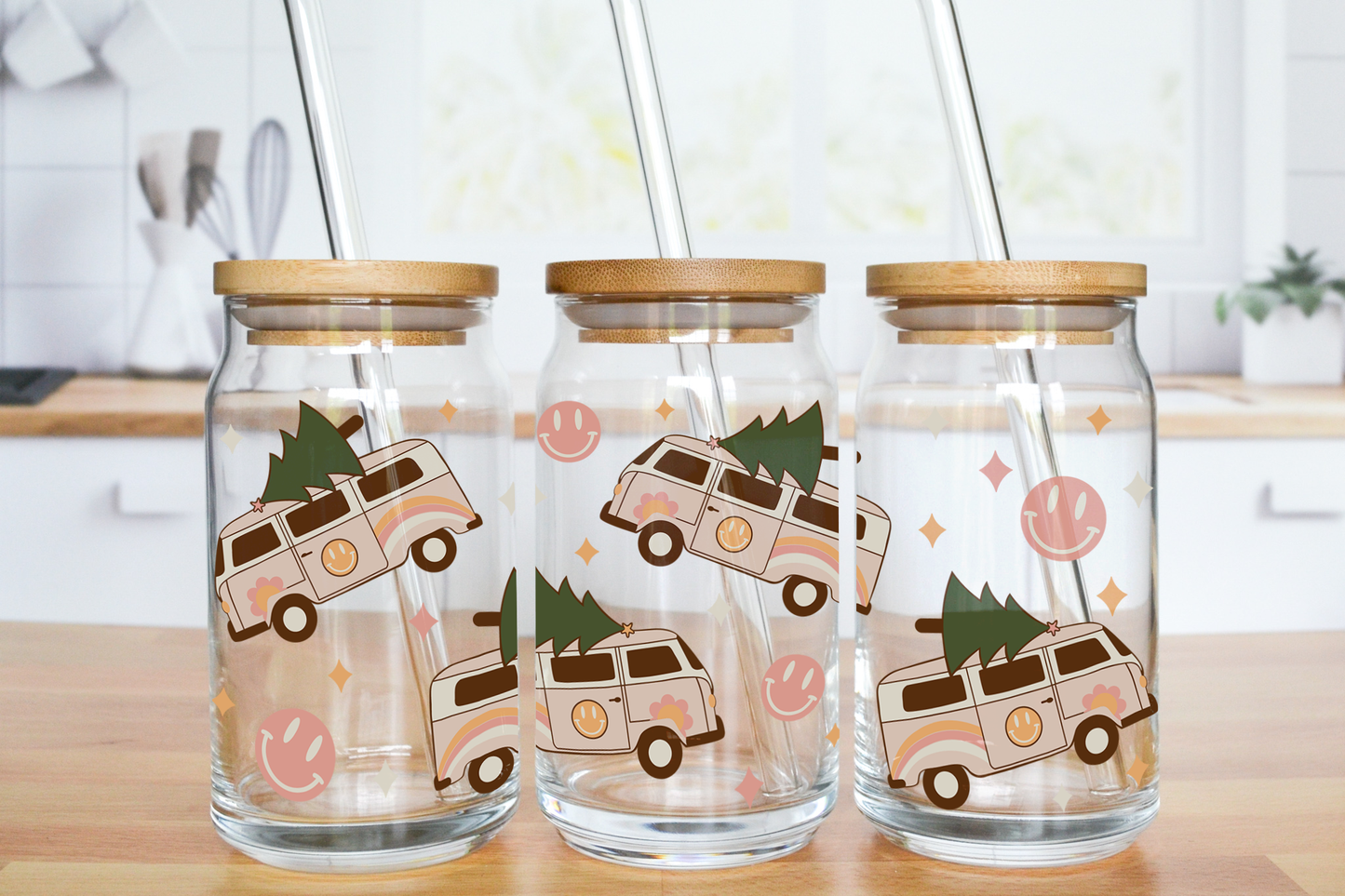 Christmas Hippie Truck - UV DTF 16 oz Libbey Cup Wrap (Ready to Ship)