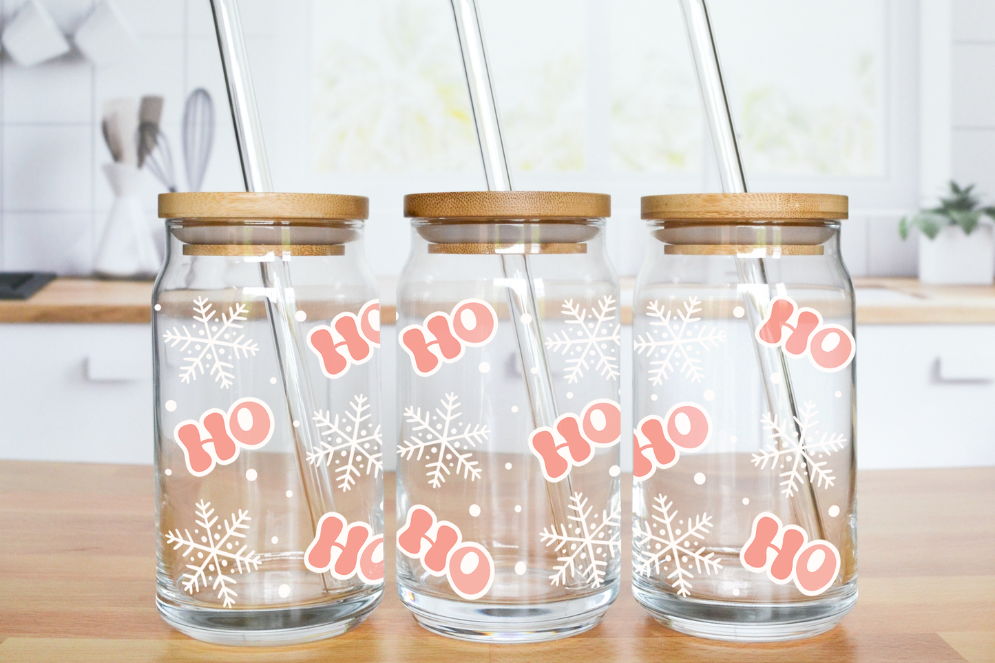 Christmas Ho Ho Ho with Snowflakes - UV DTF 20 oz Libbey Cup Wrap (Ready to Ship)