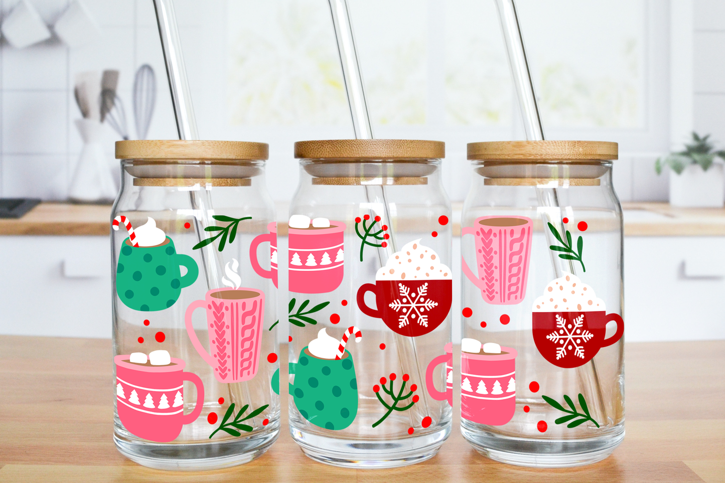 Christmas Hot Cocoa Mugs - UV DTF 16 oz Libbey Cup Wrap (Ready to Ship)