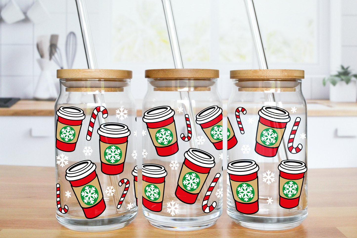 Christmas Hot Coffee Cups - UV DTF 16 oz Libbey Cup Wrap (Ready to Ship)