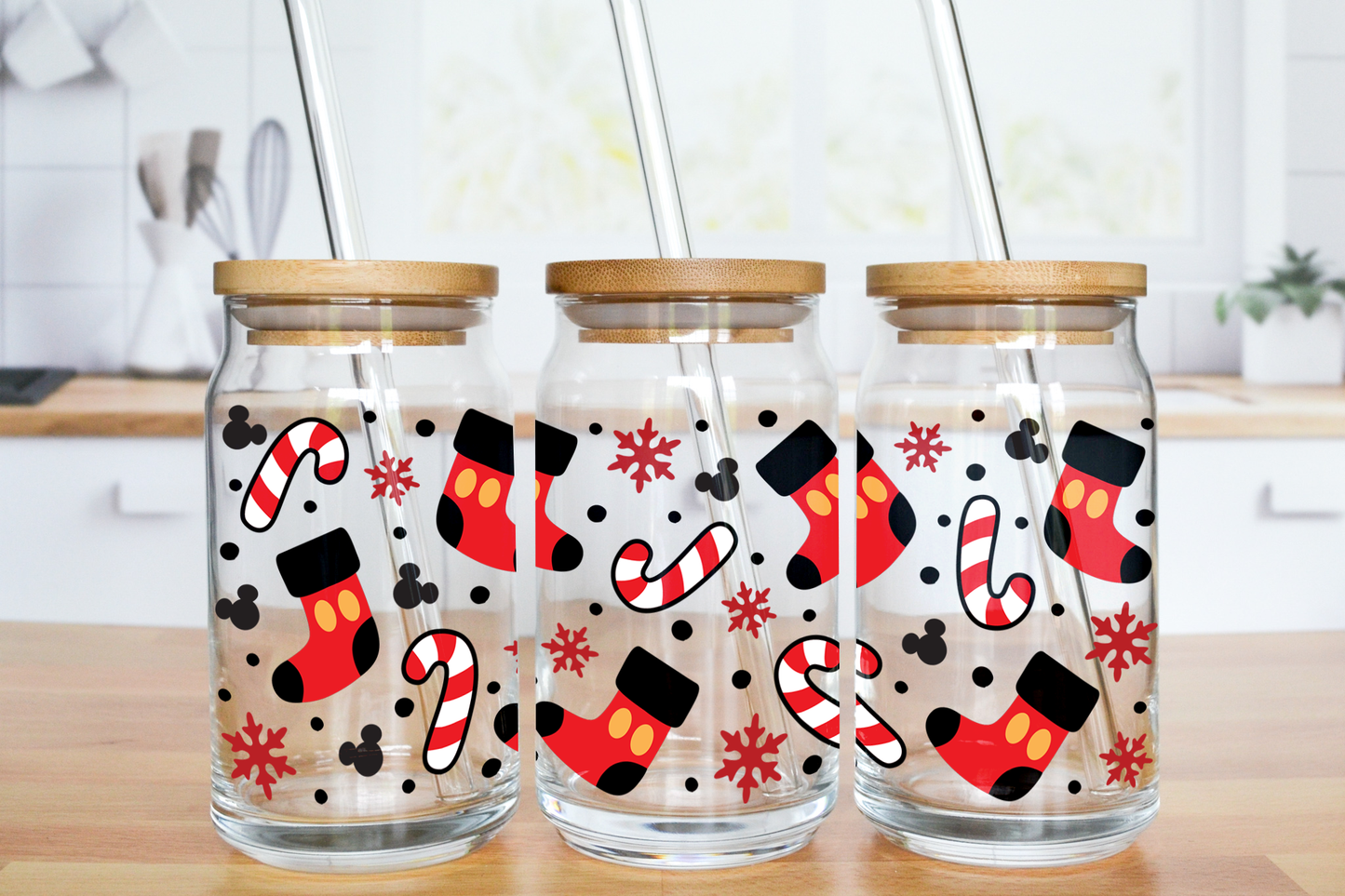 Christmas Mouse Stockings - UV DTF 16 oz Libbey Cup Wrap (Ready to Ship)