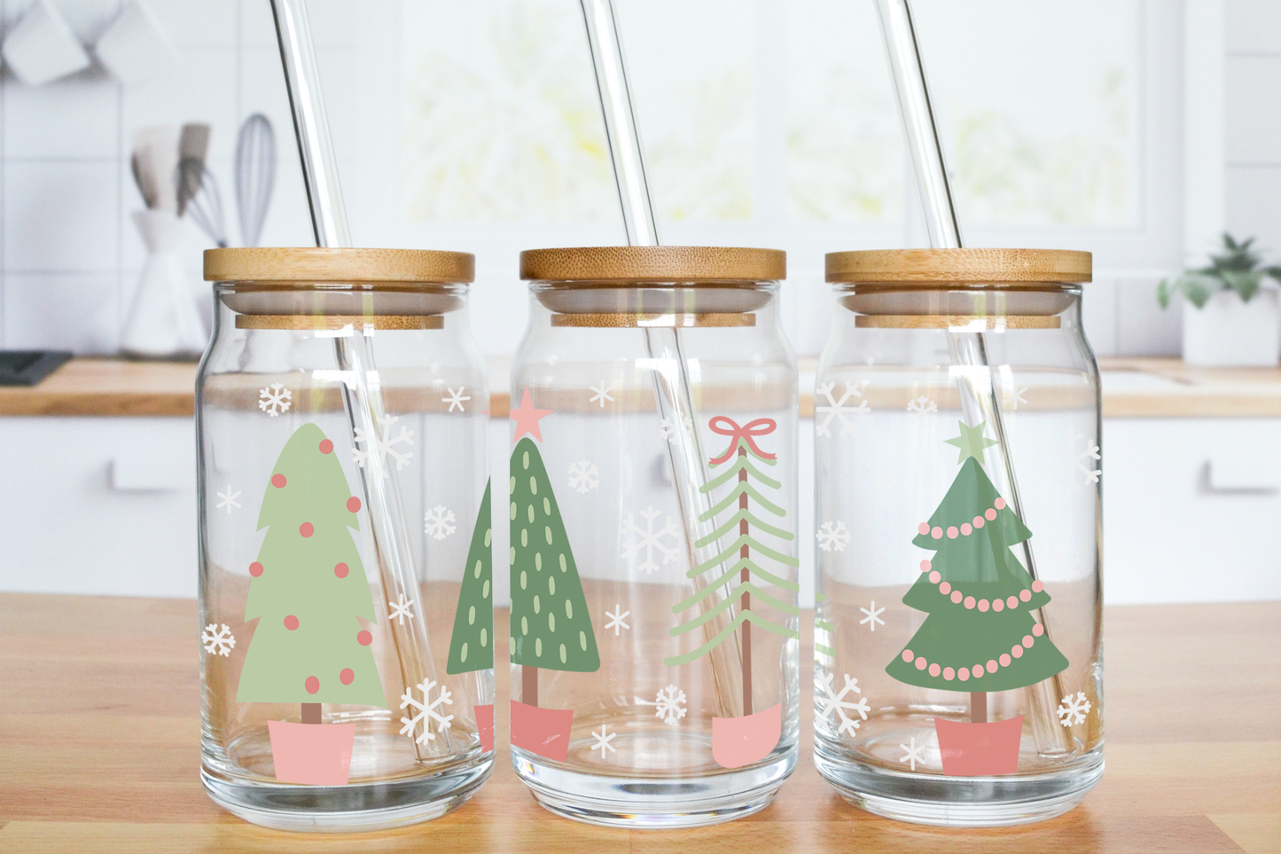 Christmas Pastel Trees - UV DTF 16 oz Libbey Cup Wrap (Ready to Ship)