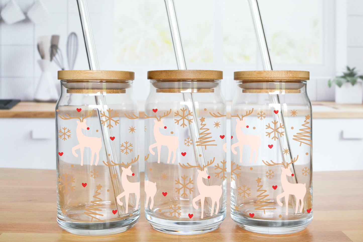 Christmas Reindeers - UV DTF 16 oz Libbey Cup Wrap (Ready to Ship)