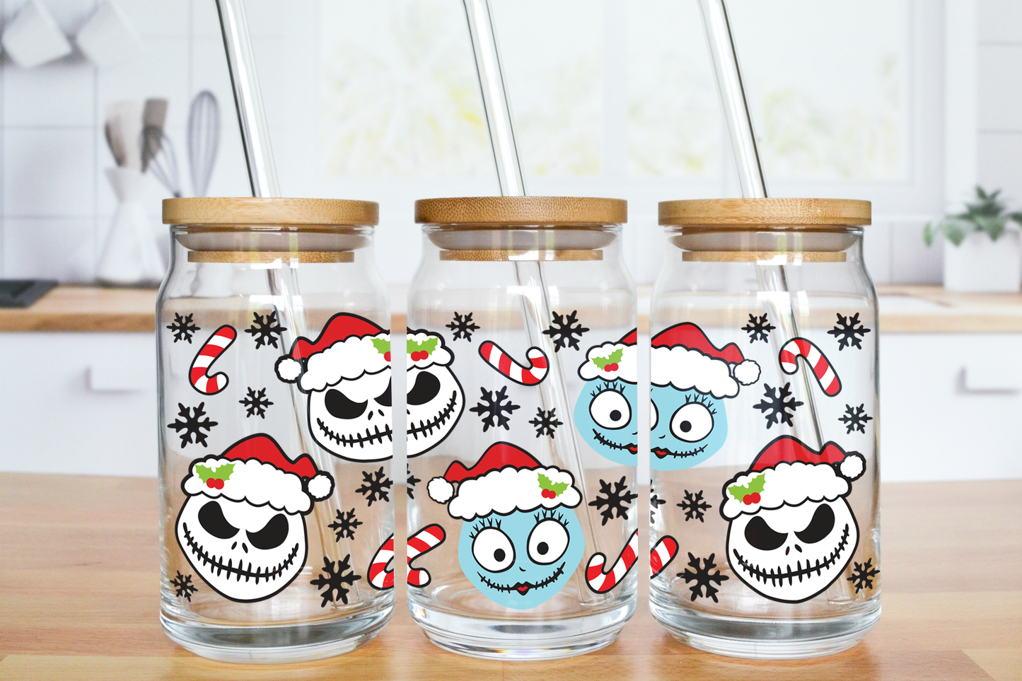 Christmas Scary Characters - UV DTF 16 oz Libbey Cup Wrap (Ready to Ship)