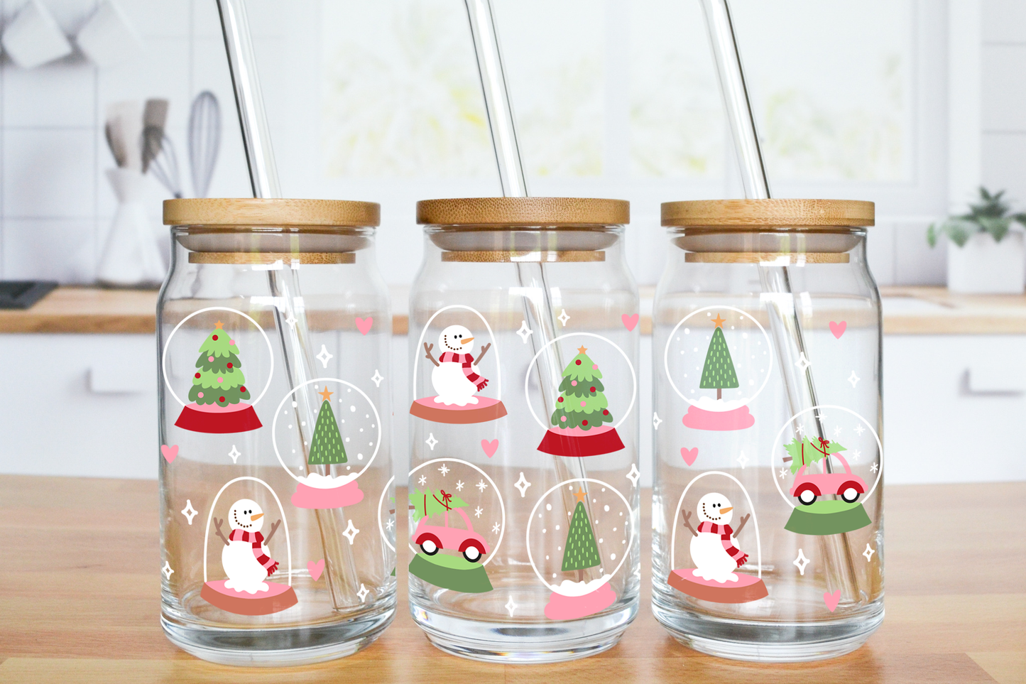 Christmas Snowglobes - UV DTF 16 oz Libbey Cup Wrap (Ready to Ship)