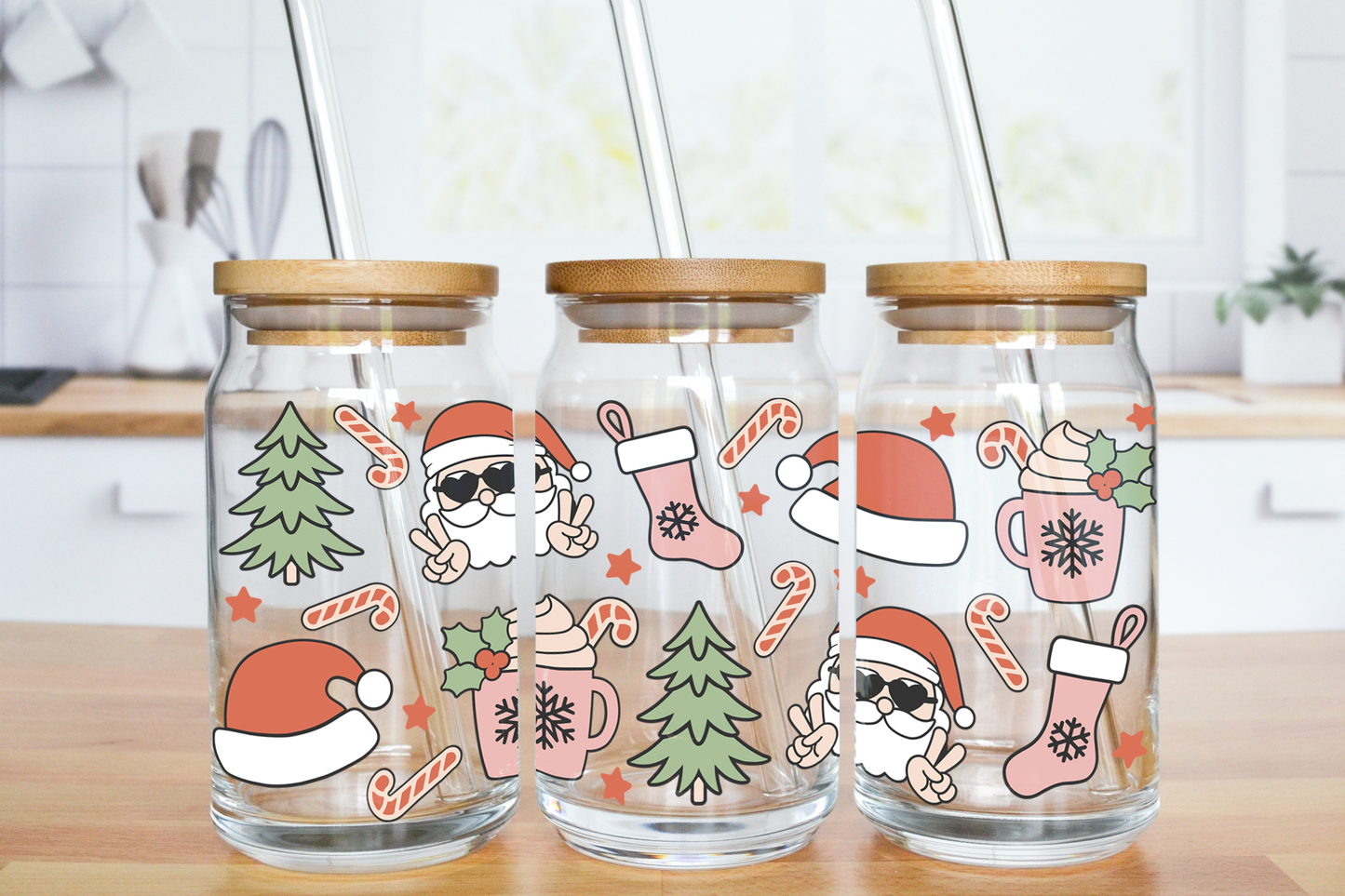 Cool Santa Theme - UV DTF 16 oz Libbey Cup Wrap (Ready to Ship)