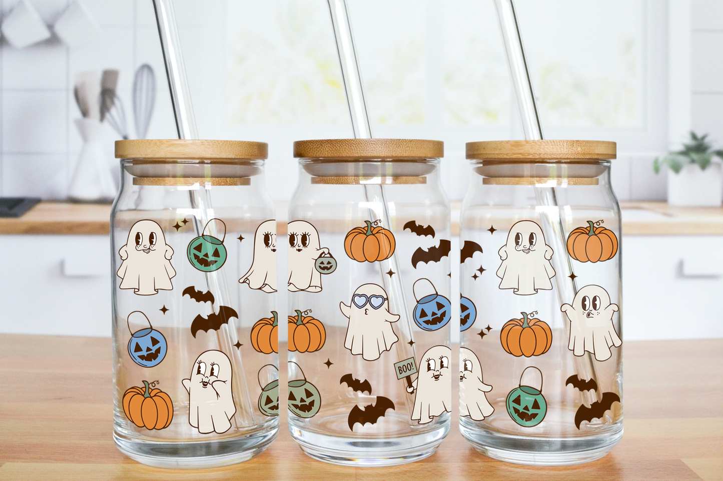 Cute Ghosties Trick or Treaters - UV DTF 16 oz Libbey Cup Wrap (Ready to Ship)