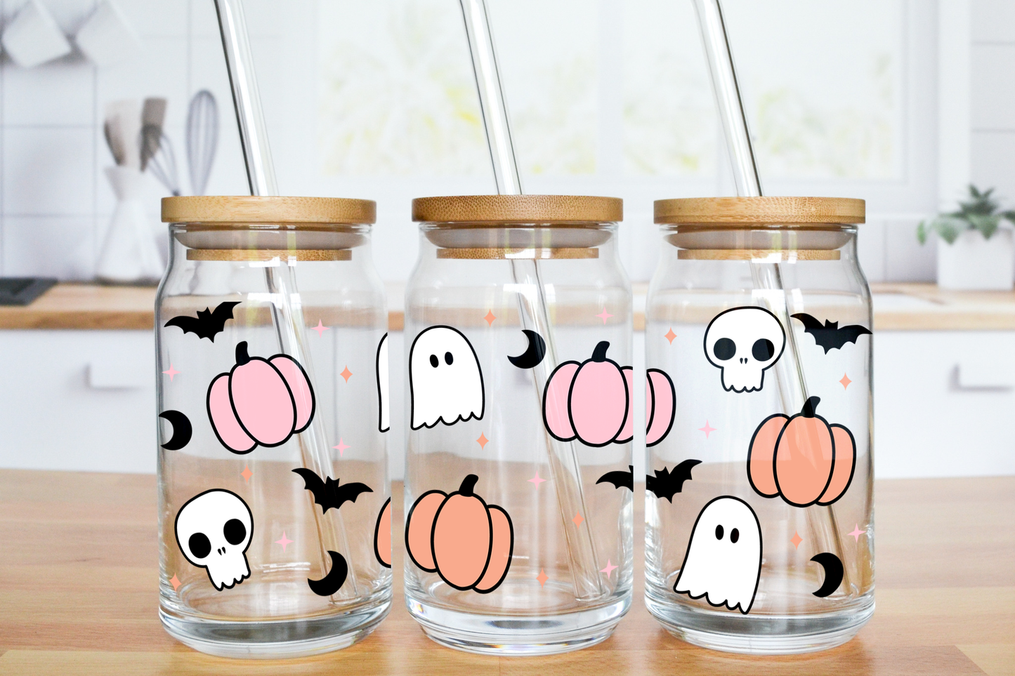 Cute Halloween Doodles - UV DTF 16 oz Libbey Cup Wrap (Ready to Ship)