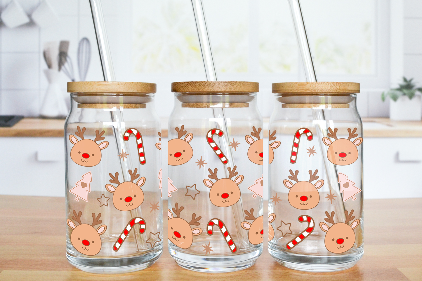 Cute Reindeers - UV DTF 16 oz Libbey Cup Wrap (Ready to Ship)
