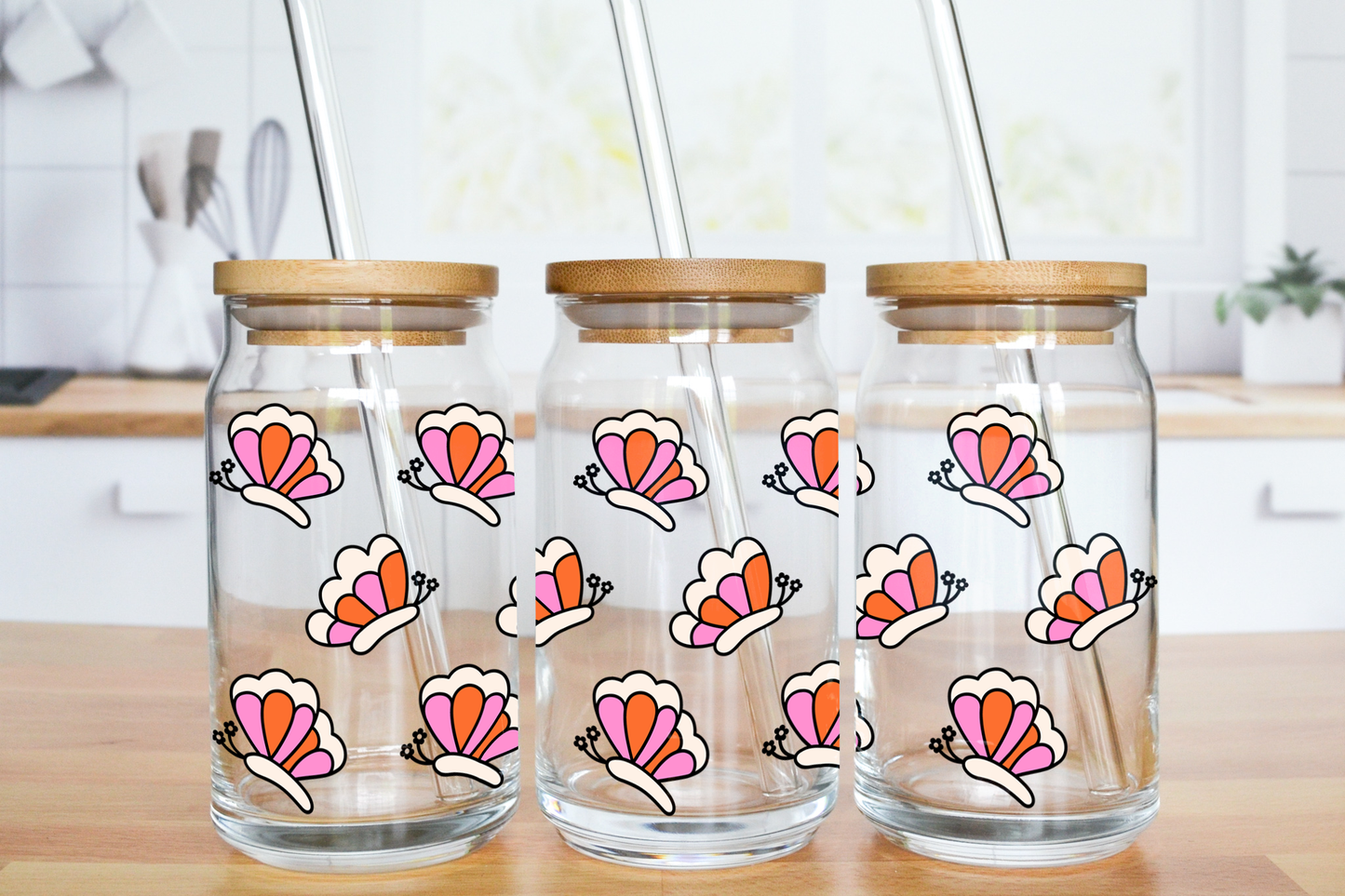 Cute Retro Butterflies - UV DTF 16 oz Libbey Cup Wrap (Ready to Ship)