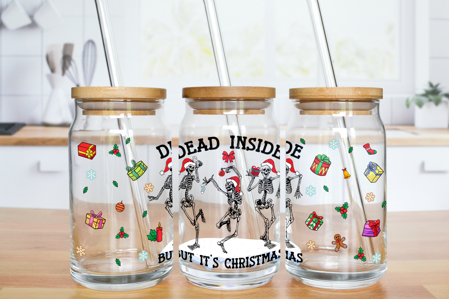 Dead Inside But It's Christmas - UV DTF 16 oz Libbey Cup Wrap (Ready to Ship)