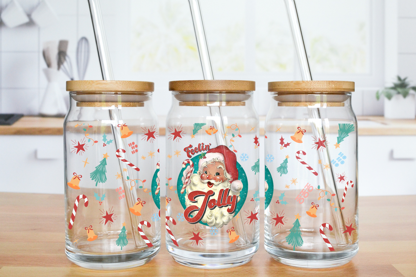 Feelin' Jolly Santa - UV DTF 16 oz Libbey Cup Wrap (Ready to Ship)