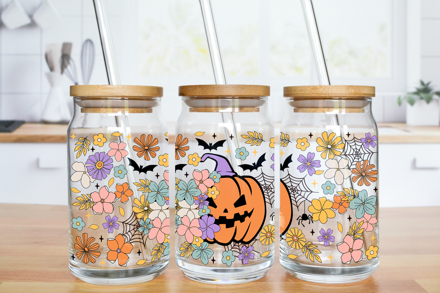 Floral Pumpkin - UV DTF 16 oz Libbey Cup Wrap (Ready to Ship)